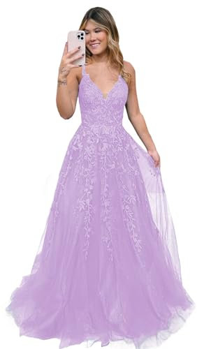 JIIL Lace Applique Abendkleider Lang - Glitzer Tüll Ballkleider Damen A-Line Lang Schulballkleid Flieder 32