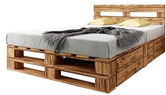 Lermowood Palettenbett M2 aus Holz 200 x 200 cm Geflammt mit Kopfteil und 2 Bettkästen Holzbett 40cm Stabiles Seniorenbett Kinderbett Jugendbett Gästebett erhöhtes Bettgestell Komforthöhe Naturholz