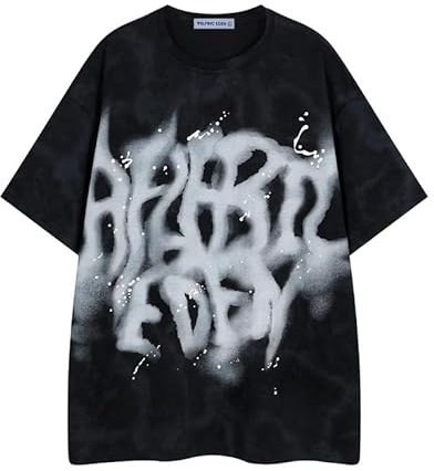 Aelfric Eden Herren Washed Tshirt Damen Abstrakt Print T-Shirt Unisex Oversized Graphic Shirts Summer Freizeit Tee Y2k Muster Oberteil Streetwear Schwarz, M