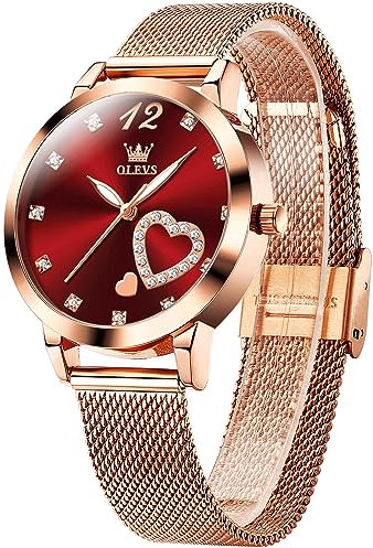 OLEVS Rotes Ultradünne Damenuhren Modish Lässige Rotgold Edelstahl Mesh Armbanduhr Damen Analoger Quarz Wasserdicht Leuchtend Rund Wählscheibe mit Herz Diamante Luxus Kleid Uhr für Frauen