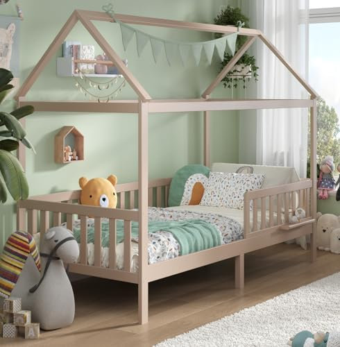 ALAVYA HOME® Hausbett 80x160 mit Buchablage, Rausfallschutz und Lattenrost | Kinderbett 80x160 für Mädchen und Jungen Massivholz der Buche FSC zertifizierter Montessori Jugendbett