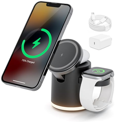 3 in 1 Ladestation für Apple, Induktive Ladestation für iPhone 16 15 14 13 12 Pro Max Serie, für Apple Watch 10/9/Ultra/8/7/6/SE/5/4/3, für AirPods Pro 4 3 2, Schwarz