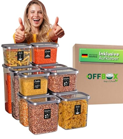 OFFBOX Vorratsdose mit Deckel luftdicht | 12er Mix Rechteckiges Vorratsdosen Set BPA-frei | Küchen Organizer & Aufbewahrungsbox für Mehl, Müsli & Zucker | Stapelbar & platzsparend