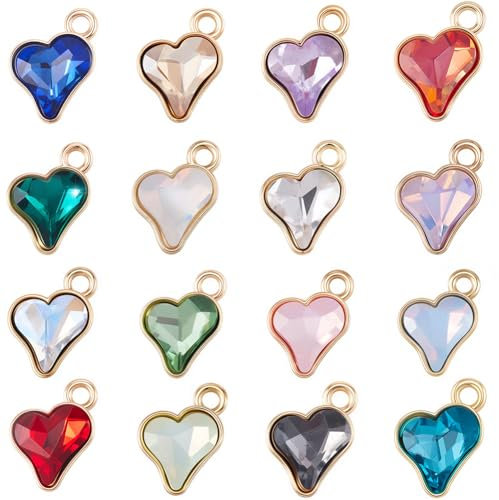 SUNNYCLUE 1 Box 64 Stück 16 Farben Kristallherz Anhänger Glasherz Anhänger Goldlegierung Facettierter Edelstein Valentinstag Liebesanhänger Für Schmuckherstellung Zubehör Hochzeit Armbänder Halsketten