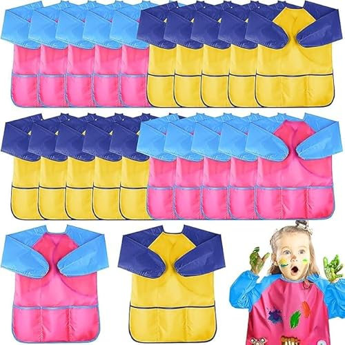 MSYU 24 Pack Art Smocks Waterproof, Painting Apron Long Sleeve, Paint Smock with 3 Pockets for Age 2-7 (Colorful)