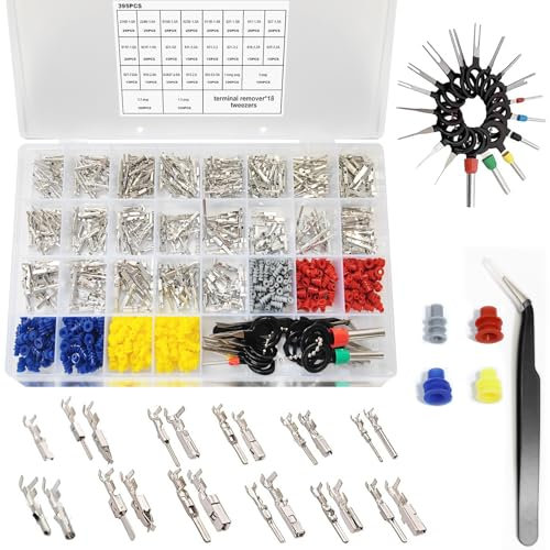 Oryzium 21Types Electrical Connectors,395Pcs Car Electrical Wire Connector Pins 1/1.5/1.8/2.2/2.8/3.5mm Terminal Pin Kit Non-Insulated Plug Male Female Wire Crimp Pins Auto Terminal Tool