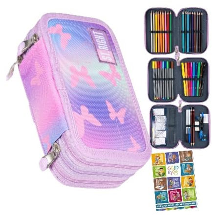 Goldkids - Federmäppchen 3 Fächer - Mäppchen für Mädchen und Jungen - Federmappe 3-Fach Federtasche 46-teilig Gefüllte Schüleretui Hausaufgabenheft- Schmetterling Motiv