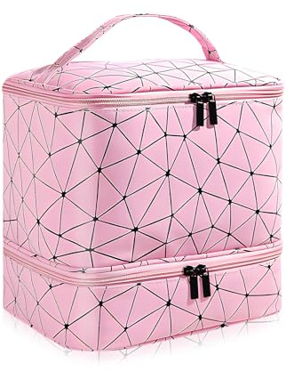 HA BIN Organizador de Esmaltes de Uñas Doble Capa para 30 Botellas + Lámpara Bolsa de Viaje Impermeable con Compartimentos, para Manicura Profesional y en Casa (Rosa)
