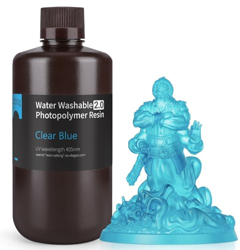 ELEGOO Upgraded 405nm Wasser Waschbares Resin 2.0, Klar Blau 1000g | Water Washable 3D Drucker Rapid Harz, Geringerer Schrumpfung, Höherer Präzision für LCD/DLP/SLA/3D Drucker