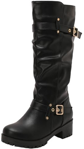 XIEPP Botas de tacón de bloque para mujer, botas de punta redonda y botas altas hasta la rodilla para trajes casuales