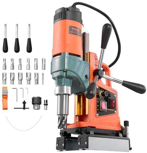 VEVOR Perceuse Magnétique 1400 W, Perceuse à Colonne 10000 N, Diamètre d'Alésage 50 mm, Vitesse 0-850 tr/min, Sens de Rotation Réversible, 11 Forets, pour Surface Métallique, Rénovation Résidentielle