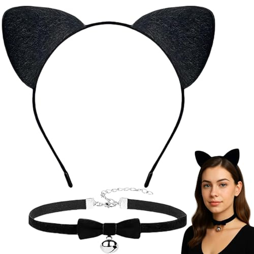 FrostyFlair Katzenohren Haarreif, Cat Ears Haarreif & Choker mit Schleife und Glocke, Halloween Katzenkostüm Damen für Cosplay und Partys