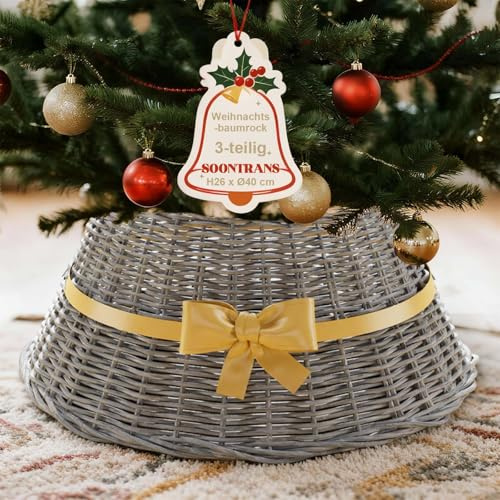 Soontrans Weihnachtsbaum Rock mit Schleifenband, Magie unter deinem Weihnachtsbaum, Weihnachtsbaumständer Abdeckung aus Weide mit Haken, Weihnachtsbaum Kragen H26 x Ø40 cm, 3-teilig (Grau)