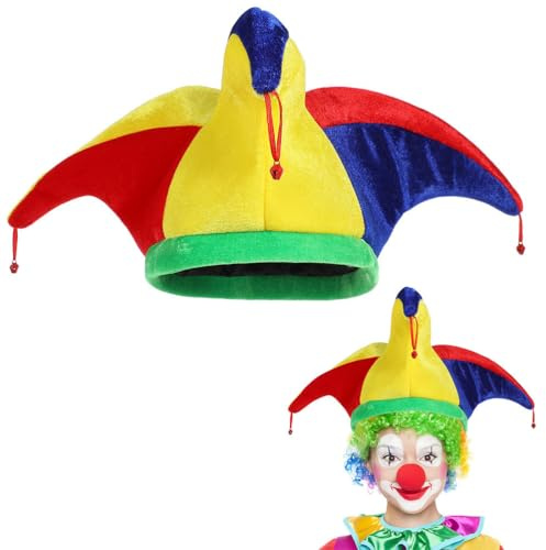 Hemobllo Lustige Narrenkappe mit Glöckchen, Bunter Narren Clown Hut für Karneval & Mardi Gras, Kostümzubehör für Erwachsene & Kinder, Dreispitz Clownshat für Fasching, Party & Bühnenshows