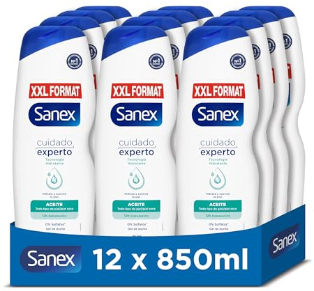 Sanex Gel de Ducha Cuidado Experto Aceite, 12 x 850ml | Tecnología hidratante | Limpia, hidrata y suaviza | Ayuda a restaurar hidratación natural | Gel para piel seca y todo tipo de piel