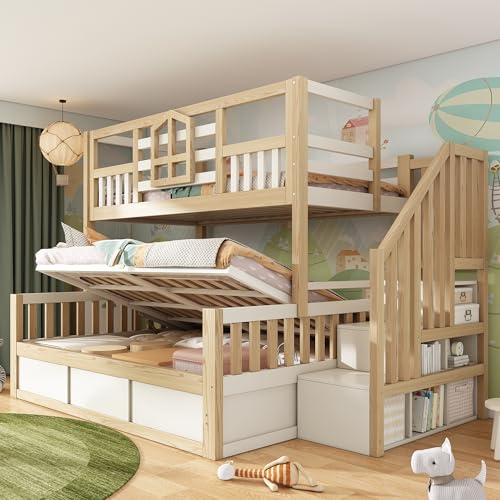 Zravenna Letto a castello con cassettoni 90x200 cm & 140x200 cm, letto per bambini in stile baita con spazio di archiviazione, scala, protezione rialzata, in pino (J, 90x200cm&140x200cm)