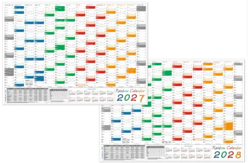 Rainbow Wandkalender/Wandplaner 2027 + 2028 (gerollt) DIN A1 Format (594 x 841 mm) 14 Monate, komplette Jahresvorschau Folgejahr und Ferientermine/Feiertage aller Bundesländer