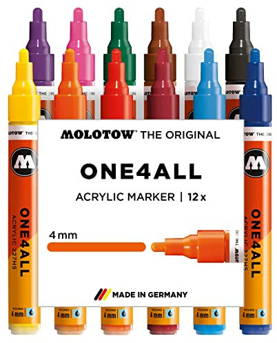 Molotow One4All 227HS Acryl Marker (Main-Kit 1, 4 mm Spitze, hochdeckend und permanent, UV-beständig, für fast alle Untergründe) 12 Stück sortiert
