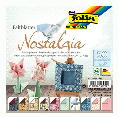 folia 496/1515 - Faltblätter Nostalgia, 15 x 15 cm, 80 g/qm, 50 Blatt sortiert in 10 Motiven - ideal für wunderschöne Faltfiguren und -formen