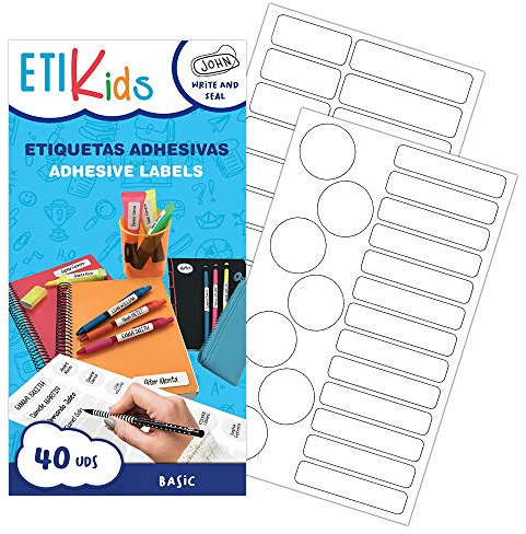 Etikids 40 Etichette adesive multiuso con lamina protettiva, in 4 formati diversi. Ideali per matite, pennarelli e tutto il materiale scolastico. (BASIC)