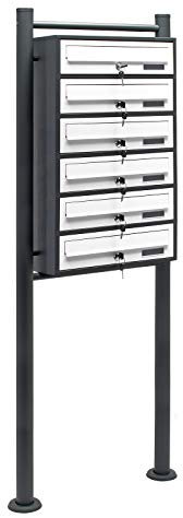 Wiltec 6er Briefkastenanlage Weiß/Anthrazit 513 x 270 x 1500 mm, Standbriefkasten mit 6 Fächern, Schlüssel und Namensschild, Briefkasten Postkasten mit Ständer