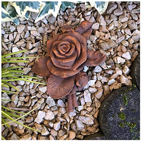 XL Rose mit Stiel Rosenblüte auch Grabdekoration Grabschmuck Steinguss 16 cm Rost Optik, ca. 360g
