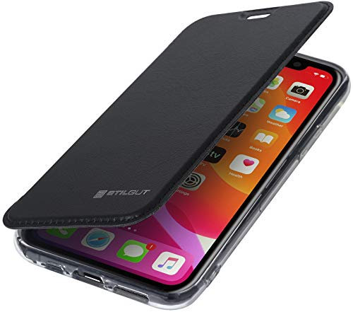 STILGUT Case entwickelt für iPhone 11 Pro Max Hülle mit RFID Blocker - iPhone 11 Pro Max Hülle mit RFID/NFC Schutz + Kartenfach aus Leder & TPU, schwarz/transparent