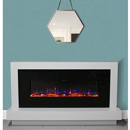 Ezee Freestanding Electric Fire Suite - 50 | Black LED Flame Effect Fireplace Heater in a White MDF Surround | 2 Decorative Fuel Bed Options, 3 Flame Colour Options & Remote Control | Zara Glow Range