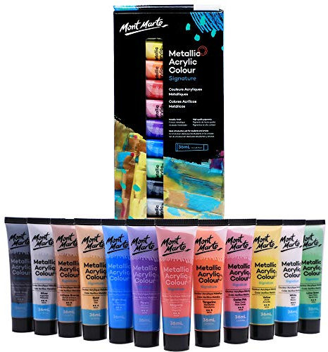Mont Marte Acrylfarben Set – Metallic – 12 Stück, 36 ml Tuben – Ideal für Acrylmalerei – Brillante Lichtechte Farben mit großer Deckkraft