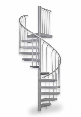 Spindeltreppe außen Scarvo M, Wendeltreppe verzinkt, Geschosshöhe: 216-233 cm, 11 Stufen, EIN Podest, Durchmesser: 130 cm, Stufenbelag: Stahl Streckgitter, Stahltreppe