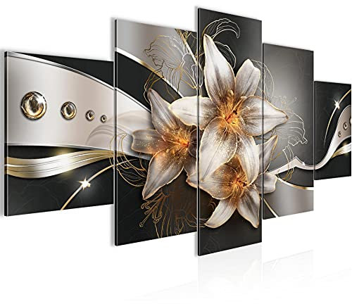 Runa Art - Bilder Blumen Lilien 200 x 100 cm 5 Teilig XXL Wanddekoration Design Gelb Gold 039651a