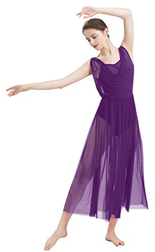 Donne Lirico Vestito da Ballo di Balletto Senza Maniche Body da Ginnastica Senza Schienale con Gonna in Tulle a Fette Costume da Danza Moderno Contemporaneo Viola L