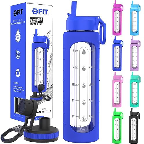 Glass Water Bottle With Times To Drink - 1 liter water bottle + EXTRA LID, Refillable, Wide Mouth, Glass Drinking Bottle with Silicone Sleeve, Motivational Water Bottle with Reminder (Royal Blue)