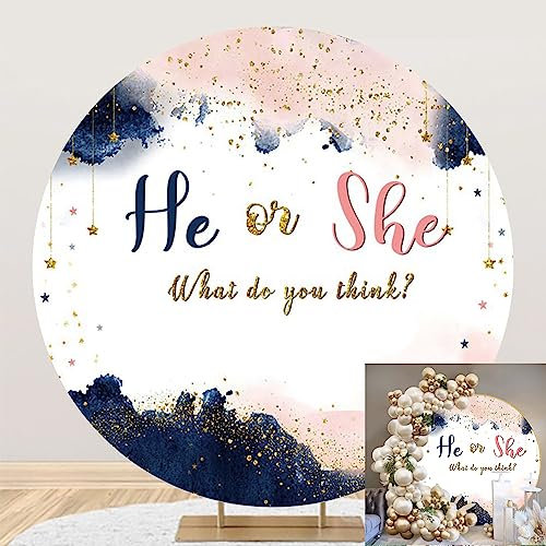 OERJU 2,3 x 2,3 m Marineblau und Rouge Geschlecht Offenbarung Runder Hintergrund Rosa Blau Junge oder Mädchen Er oder Sie Gold Stern Pailletten Fotografie Hintergrund Babyparty Schwangerschaft
