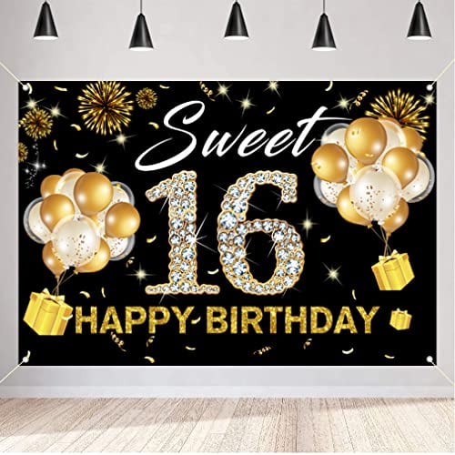 Happy 16th Birthday Decorations for Girl, Sweet 16 Fabric Sign Poster Backdrop Banner, Black and Gold Photography Background 16th Birthday Party Supplies Welcome Sign, 150cm x 90cm