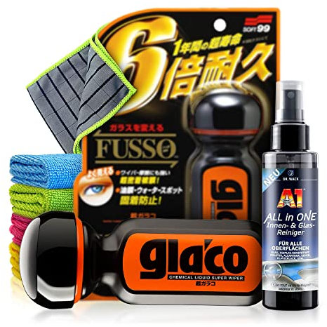 Auto Scheibenversiegelung Set: Soft99 Ultra Glaco (70ml) + Glasreiniger (100ml) Glas Versiegelung, Scheibenversiegelung Auto, Regenabweiser Autoscheiben, Autoscheiben Versiegelung | 6-teilig