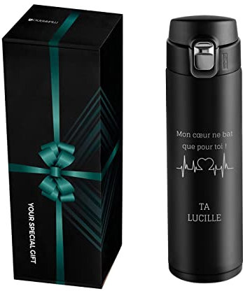 Maverton Bouteille isotherme personnalisable 50cl - Mug de voyage à café/thé - Thermos hermétique avec gravure cadeau homme - saint valentin - Gourde isotherme - pour lui/cadeau copain - coeur