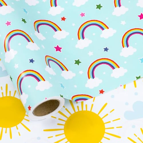 LeZakaa Wendbare Geschenkpapierrolle für Babyparty, Sonnengelbe Sonnen & Regenbogen, Wolken in Blau für Baby Junge, Baby, Mädchen, Kinder, für Geburtstag, Urlaubsparty, Mini-Rolle, 43,2 cm x 32,8 Fuß