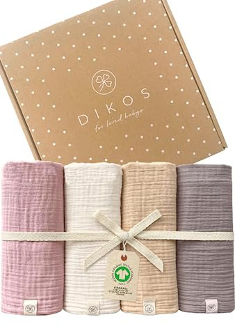 Dikos® Premium Baby Mulltücher 4er Set Altrosa, Creme | 64x64cm gekreppt | 100% GOTS Bio-Baumwolle Spucktücher | Musselin Tücher Baby Mädchen | Baby Erstausstattung Neugeborene | Geschenk zur Geburt