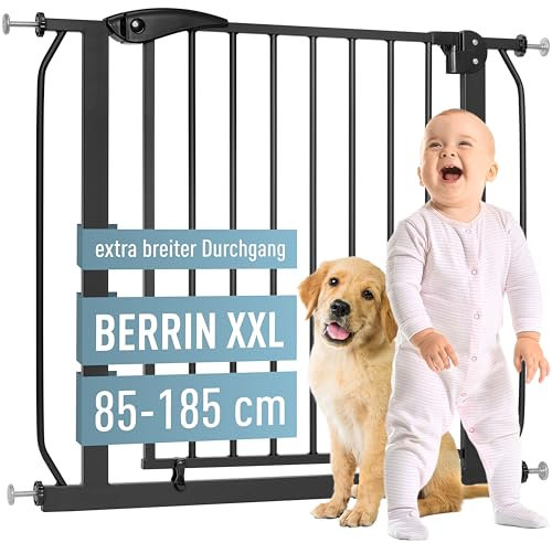 ib style Berrin XXL Türgitter 85-185cm, Ohne Bohren, Schutzgitter Baby, Hundeschutzgitter, Schwarz, 145-155 cm