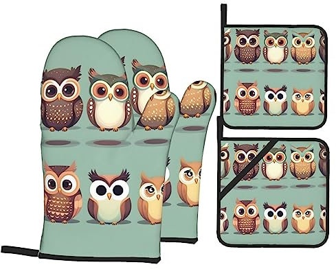 Topflappen und Topflappen mit Cartoon-Eulen-Motiv, rutschfest, hitzebeständig, zum Kochen, Backen, Grillen