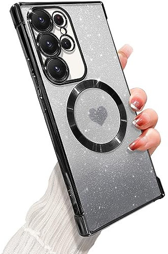 ZONRW Schutzhülle für Samsung Galaxy S22 Ultra, magnetisch, für Frauen und Mädchen, weiche Luxus-Beschichtung, glitzernd, glitzernd, niedliches Herz, kompatibel mit MagSafe, mit Kameralinsenschutz,