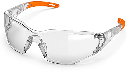 TOREGE Gafas protectoras transparentes - Puente nasal ajustable, antivaho y antiarañazos, ligeras con empuñaduras de goma antideslizantes - Conforme a ANSI Z87 (naranja)