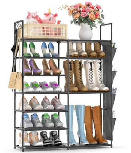 Finew Shoe Rack 7 Tiers, Metal Shoe Storage Organiser for Entryway Closet, Holds 24-28 Pairs Shoes Boots, Stand Shoe Shelf Cabinet with Hooks & Side Hanging Pockets for Hallway Bedroom Garage - Black