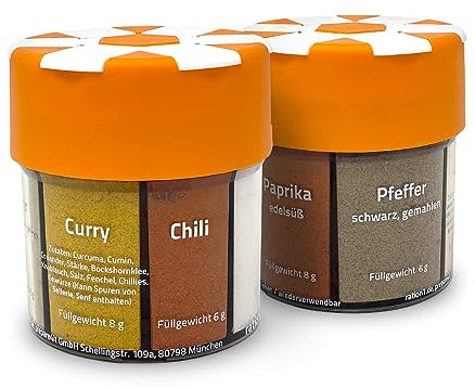 6 in 1 Gewürzstreuer von ration1, 2er Pack, Mehrfachstreuer mit 6 Gewürzen, Salz, Knoblauch, Curry, Paprika Edelsüß, Chili, Schwarzer Pfeffer, Gewürzmischung Set für Outdoor, Camping, Wandern, Zuhause