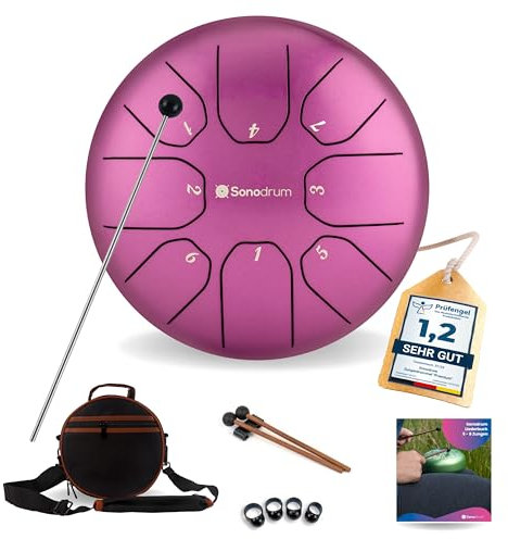 Sonodrum Zungentrommel Standard C - Dur in Lila - 20 cm klein mit 8 Tönen - Steel Tongue Drum inkl. Liederbuch, Schlägel, Fingersticks und Tragetasche - Notenlesen nicht nötig, einfach zu spielen.