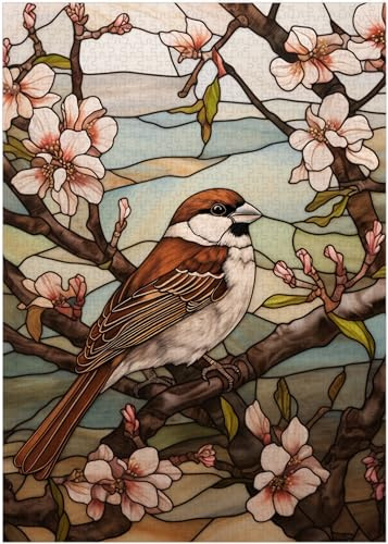 Stained Glass House Sparrow Jigsaw Puzzle 300/500/1000 Piece (500pc (38×52cm))