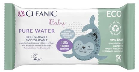 Cleanic Toallitas Húmedas Baby Eco Pure Water - (50 Piezas) Toallitas Húmedas - Composición 99% a Base de Agua - Alantoína - Sin Perfume - Desechables - para Pieles Sensibles - 50 Piezas