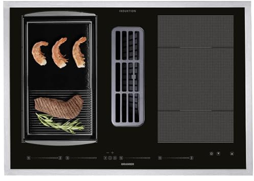 Oranier Induktionskochfeld 80 cm KFA690 - Flächen-Kochfeld mit Abluft-Umluft Abzug Multi-Slider - Grillplatte halbgeriffelt & Edelstahl Kochfeldrahmen