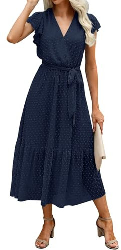 Adigaber Damen Bohemian Tunika Kleid Wickelkleid Sommerkleider Vintage Strandtunika V-Ausschnitt Rüschen Kurzarm Fließend Maxikleid mit Gürtel